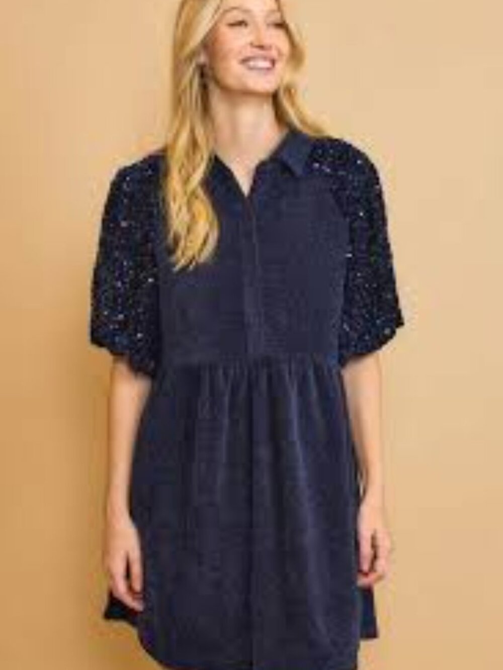 Umgee Women's Navy Sequin Sleeve Dress - Classic Polo Collar